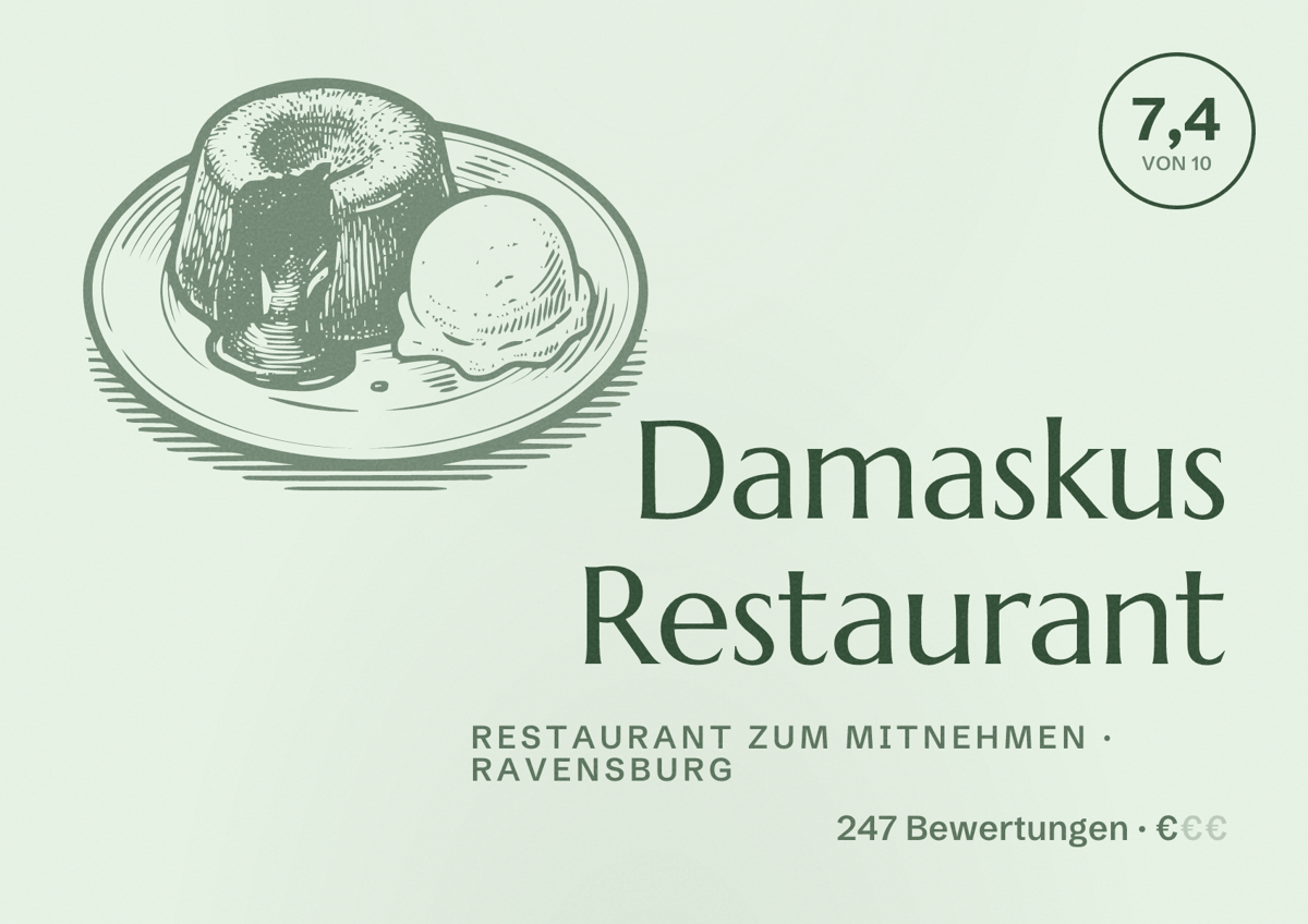 Illustriertes Poster von Damaskus Restaurant, Restaurant zum Mitnehmen in Ravensburg: Bewertung 7,4 von 10 aus 247 Bewertungen, Preisniveau €