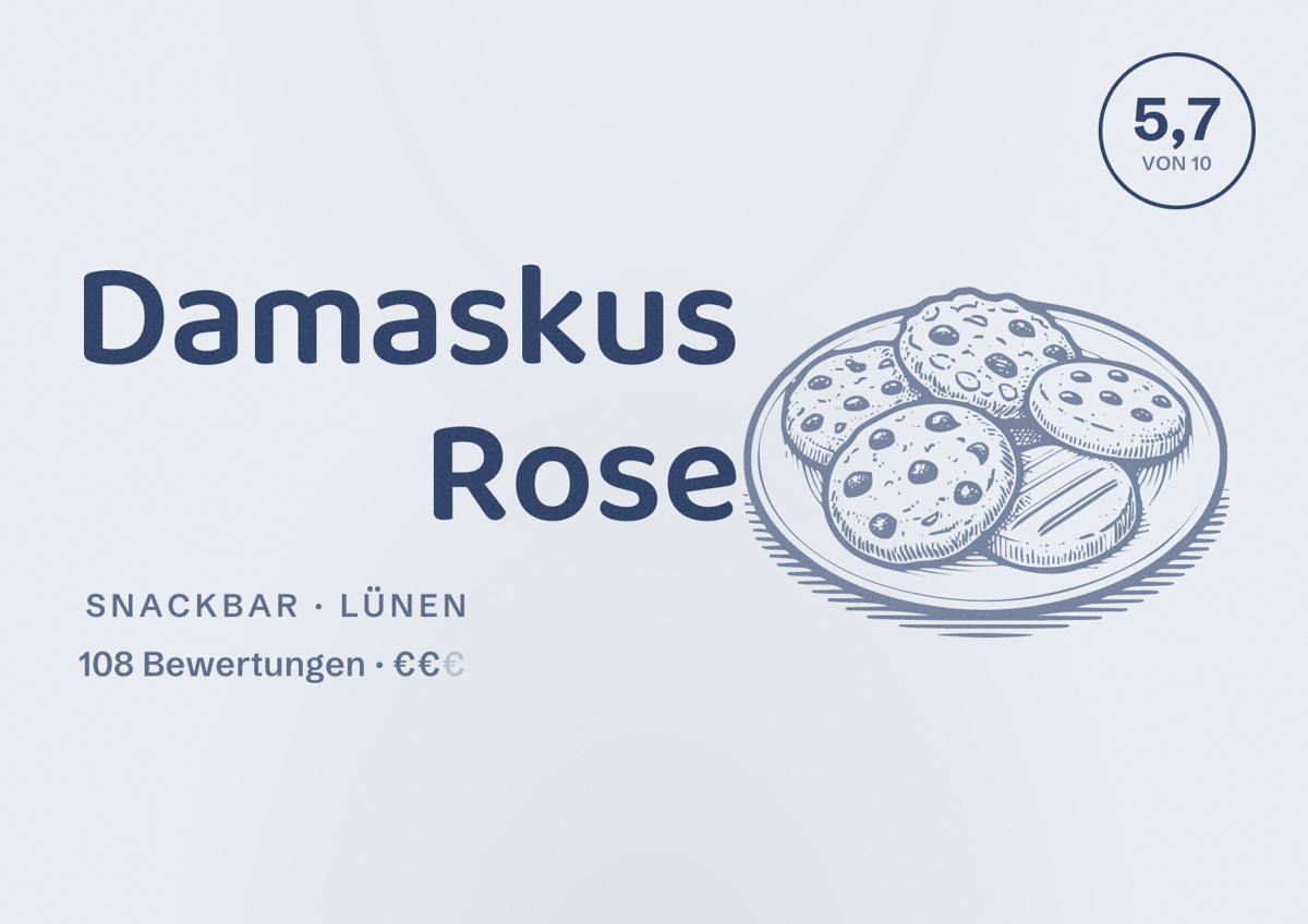 Illustriertes Poster von Damaskus Rose, Snackbar in Lünen: Bewertung 5,7 von 10 aus 108 Bewertungen, Preisniveau €€