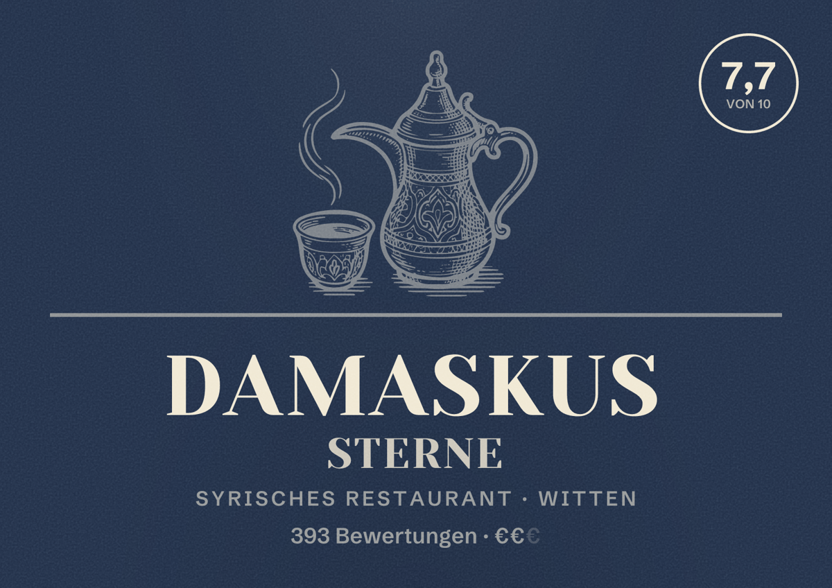 Illustriertes Poster von Damaskus Sterne, Syrisches Restaurant in Witten: Bewertung 7,7 von 10 aus 393 Bewertungen, Preisniveau €€