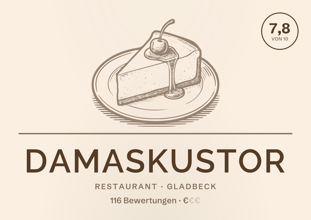 Illustriertes Poster von DamaskusTor, Restaurant in Gladbeck: Bewertung 7,8 von 10 aus 116 Bewertungen, Preisniveau €
