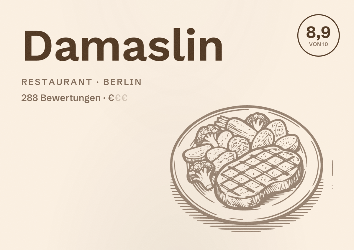Illustriertes Poster von Damaslin, Restaurant in Berlin: Bewertung 8,9 von 10 aus 288 Bewertungen, Preisniveau €
