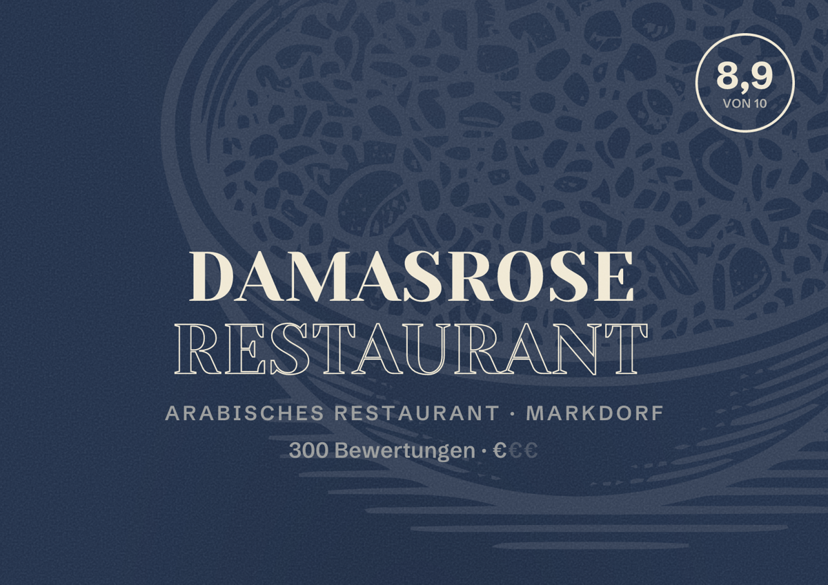 Illustriertes Poster von DamasRose Restaurant, Arabisches Restaurant in Markdorf: Bewertung 8,9 von 10 aus 300 Bewertungen, Preisniveau €