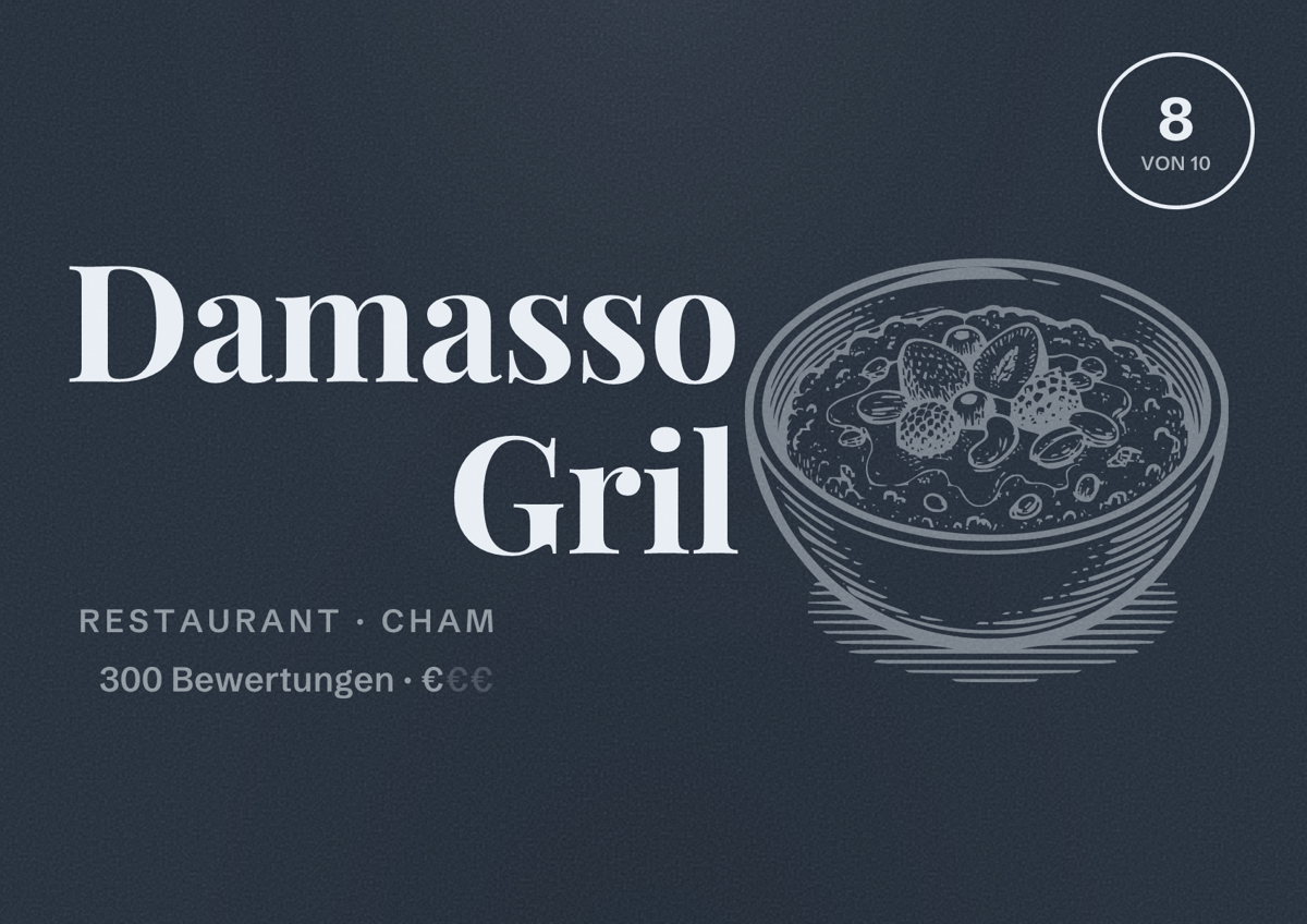 Illustriertes Poster von Damasso Gril, Restaurant in Cham: Bewertung 8 von 10 aus 300 Bewertungen, Preisniveau €