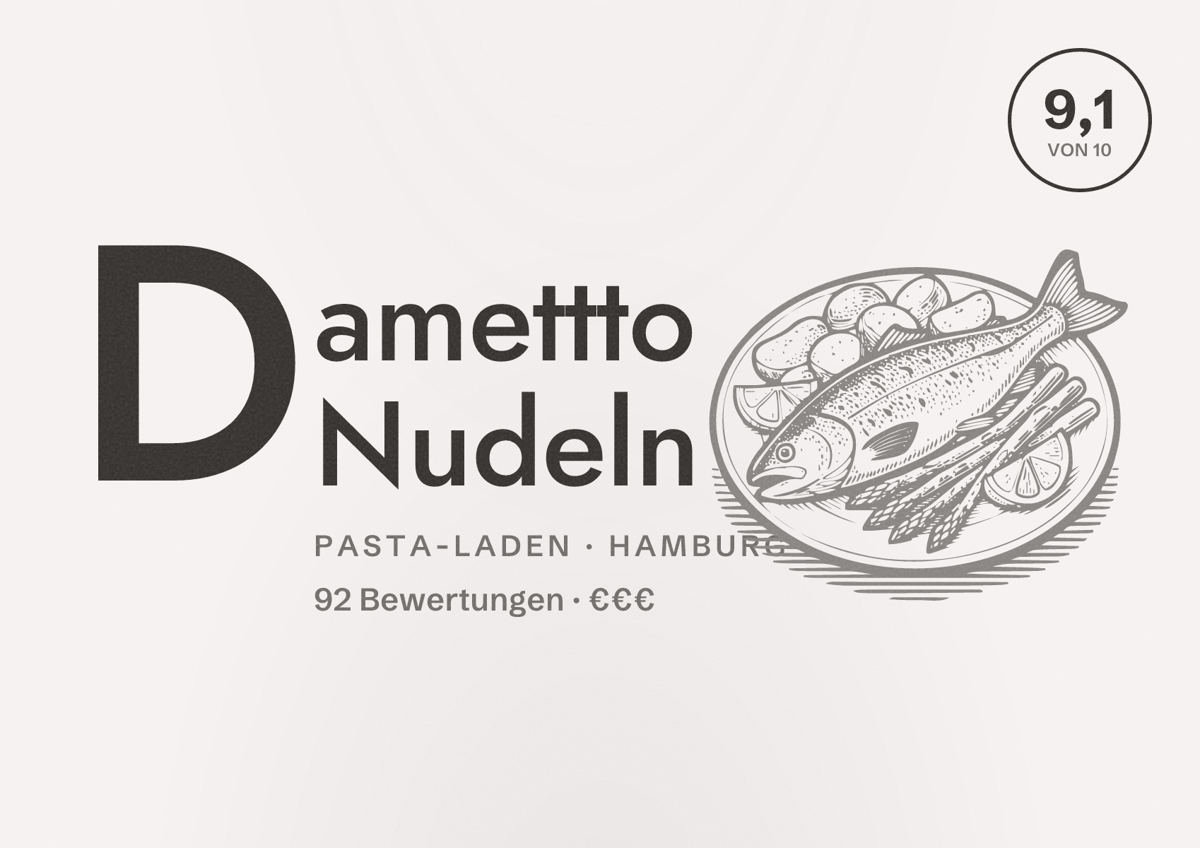 Illustriertes Poster von Damettto Nudeln, Pasta-Laden in Hamburg: Bewertung 9,1 von 10 aus 92 Bewertungen, Preisniveau €€€
