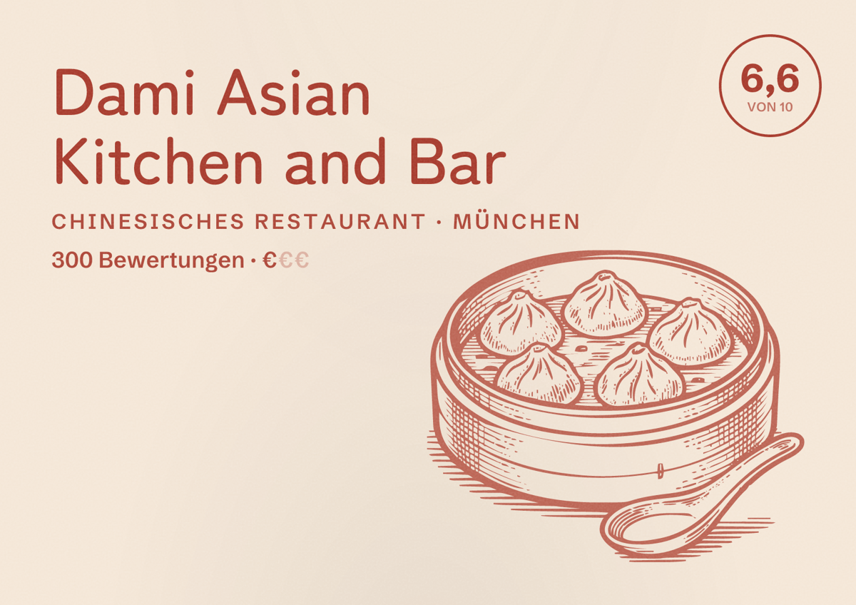 Illustriertes Poster von Dami Asian Kitchen and Bar, Chinesisches Restaurant in München: Bewertung 6,6 von 10 aus 300 Bewertungen, Preisniveau €