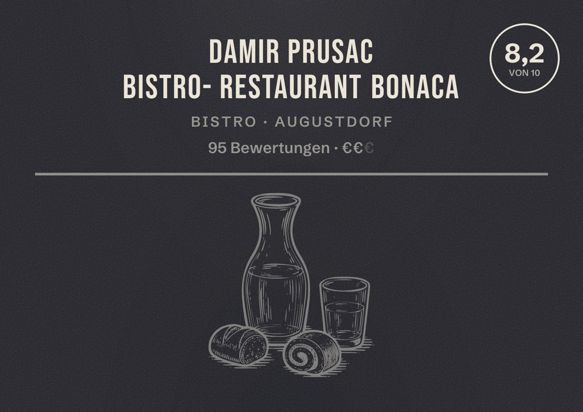 Illustriertes Poster von Damir Prusac Bistro- Restaurant Bonaca, Bistro in Augustdorf: Bewertung 8,2 von 10 aus 95 Bewertungen, Preisniveau €€