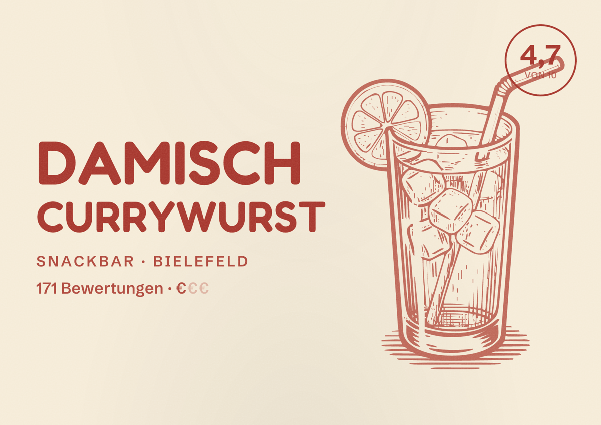 Illustriertes Poster von Damisch Currywurst, Snackbar in Bielefeld: Bewertung 4,7 von 10 aus 171 Bewertungen, Preisniveau €