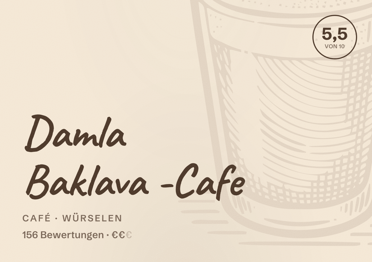 Illustriertes Poster von Damla Baklava -Cafe, Café in Würselen: Bewertung 5,5 von 10 aus 156 Bewertungen, Preisniveau €€