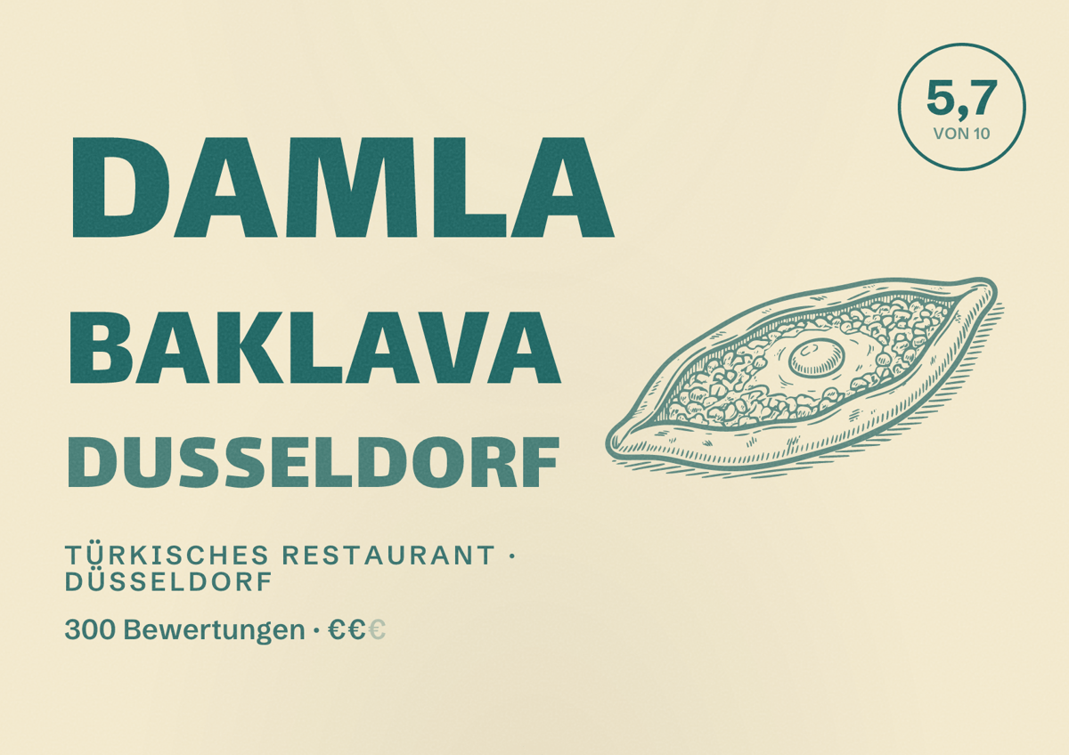 Illustriertes Poster von Damla Baklava Dusseldorf, Türkisches Restaurant in Düsseldorf: Bewertung 5,7 von 10 aus 300 Bewertungen, Preisniveau €€
