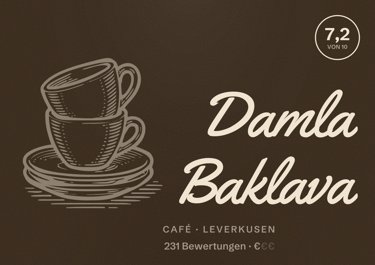Illustriertes Poster von Damla Baklava, Café in Leverkusen: Bewertung 7,2 von 10 aus 231 Bewertungen, Preisniveau €