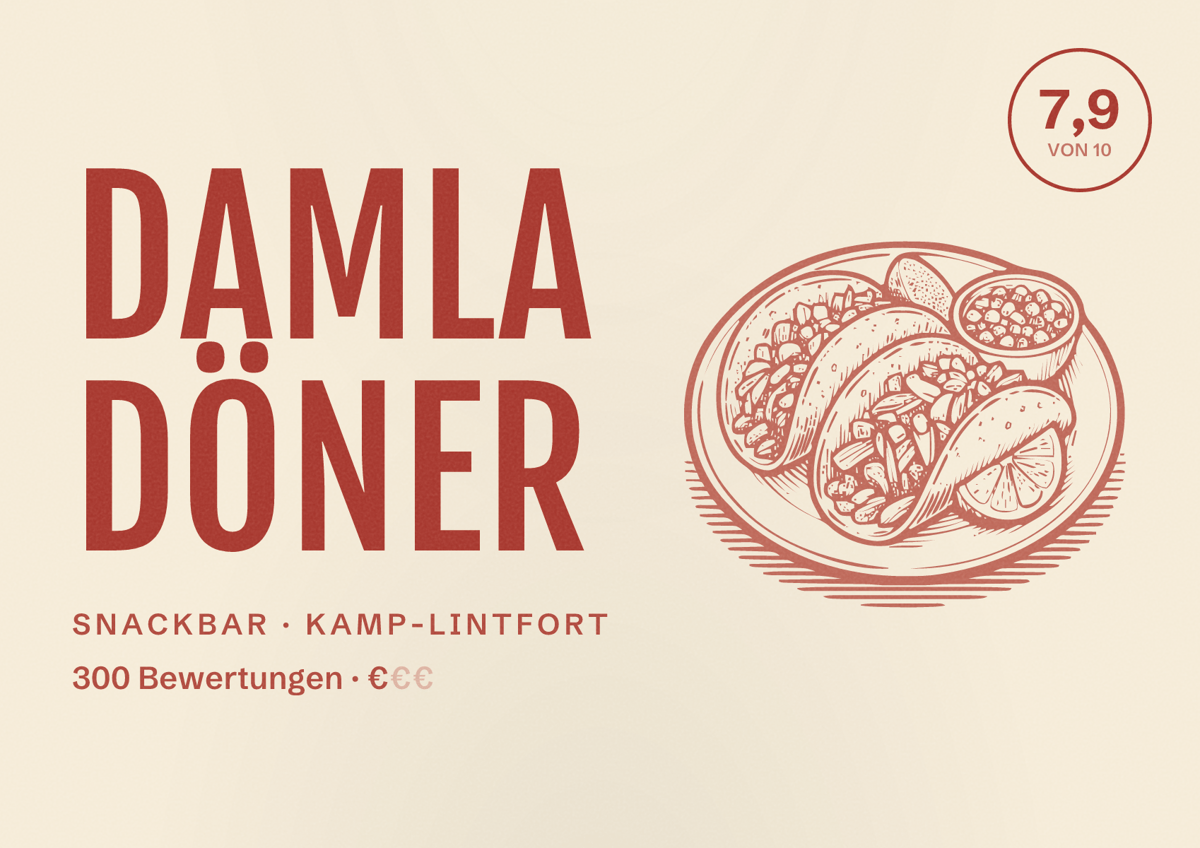 Illustriertes Poster von Damla Döner, Snackbar in Kamp-Lintfort: Bewertung 7,9 von 10 aus 300 Bewertungen, Preisniveau €