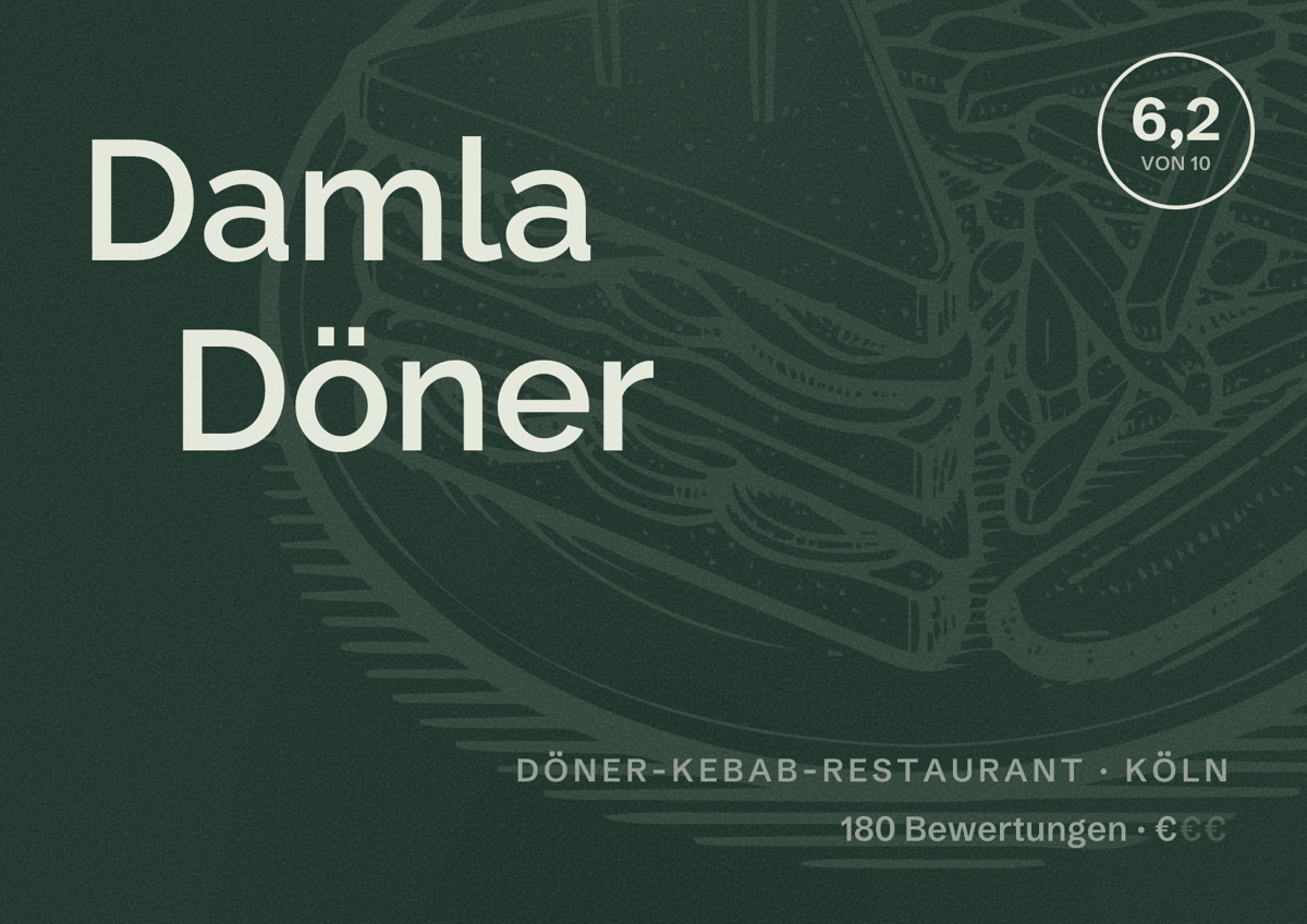Illustriertes Poster von Damla Döner, Döner-Kebab-Restaurant in Köln: Bewertung 6,2 von 10 aus 180 Bewertungen, Preisniveau €