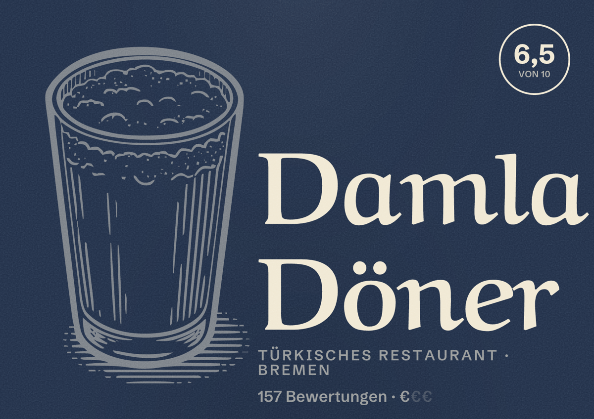Illustriertes Poster von Damla Döner, Türkisches Restaurant in Bremen: Bewertung 6,5 von 10 aus 157 Bewertungen, Preisniveau €