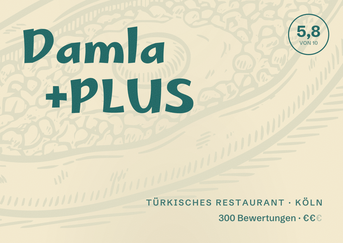 Illustriertes Poster von Damla +PLUS, Türkisches Restaurant in Köln: Bewertung 5,8 von 10 aus 300 Bewertungen, Preisniveau €€