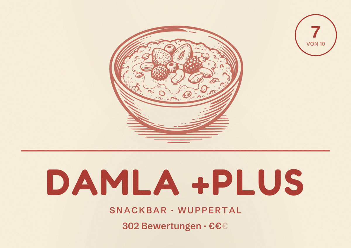 Illustriertes Poster von Damla +Plus, Snackbar in Wuppertal: Bewertung 7 von 10 aus 302 Bewertungen, Preisniveau €€