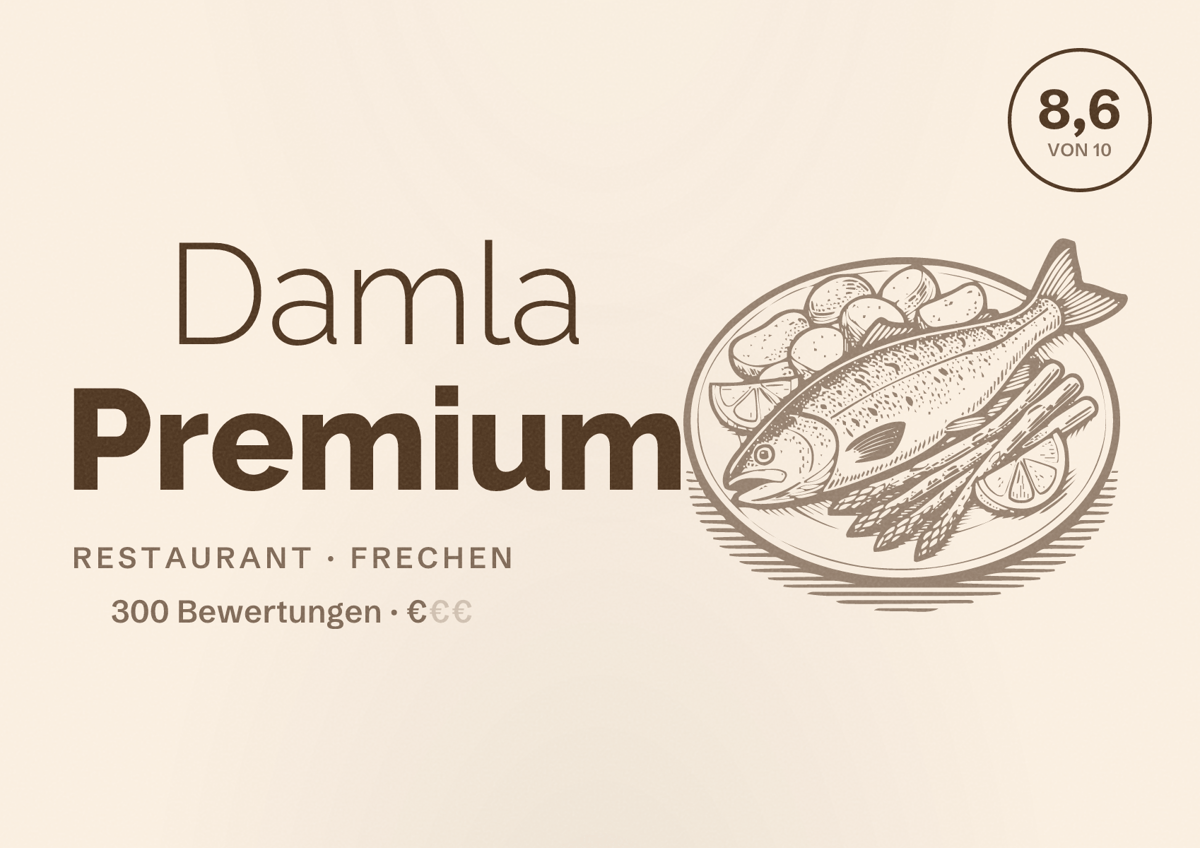 Illustriertes Poster von Damla Premium, Restaurant in Frechen: Bewertung 8,6 von 10 aus 300 Bewertungen, Preisniveau €