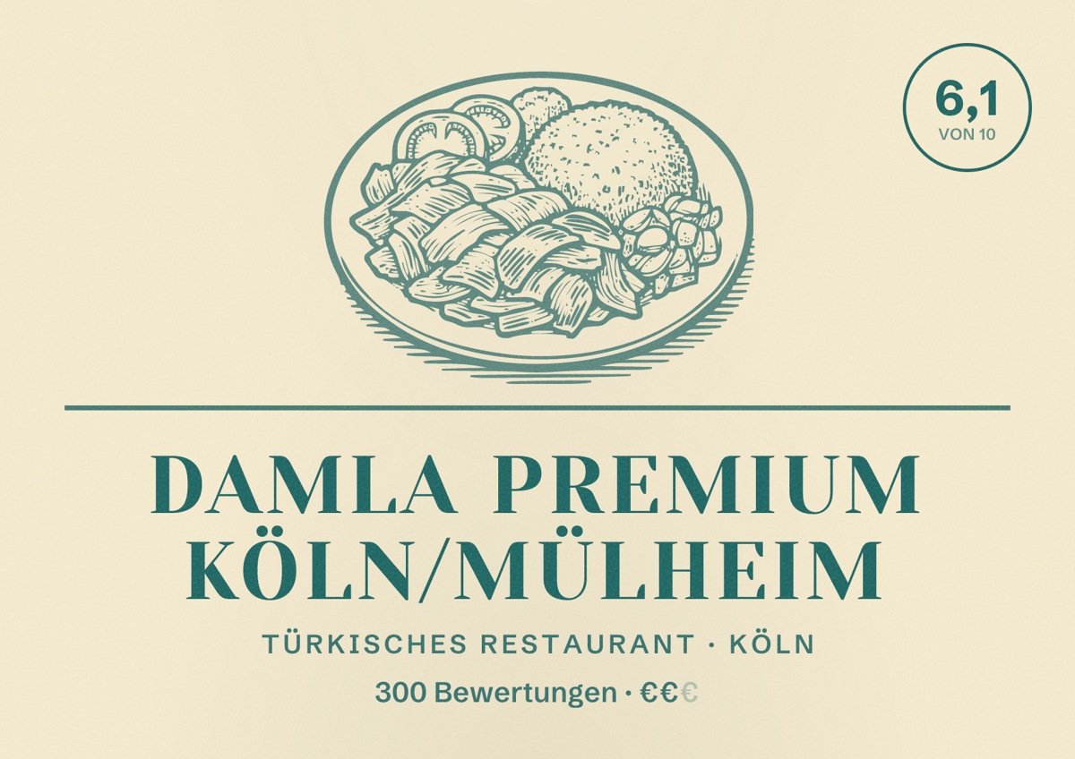 Illustriertes Poster von Damla Premium Köln/Mülheim, Türkisches Restaurant in Köln: Bewertung 6,1 von 10 aus 300 Bewertungen, Preisniveau €€