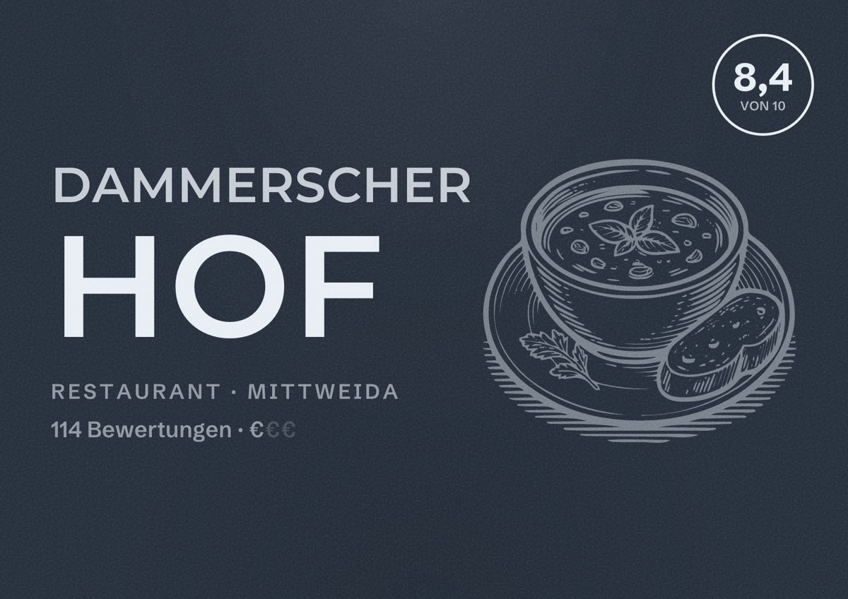 Illustriertes Poster von Dammerscher Hof, Restaurant in Mittweida: Bewertung 8,4 von 10 aus 114 Bewertungen, Preisniveau €