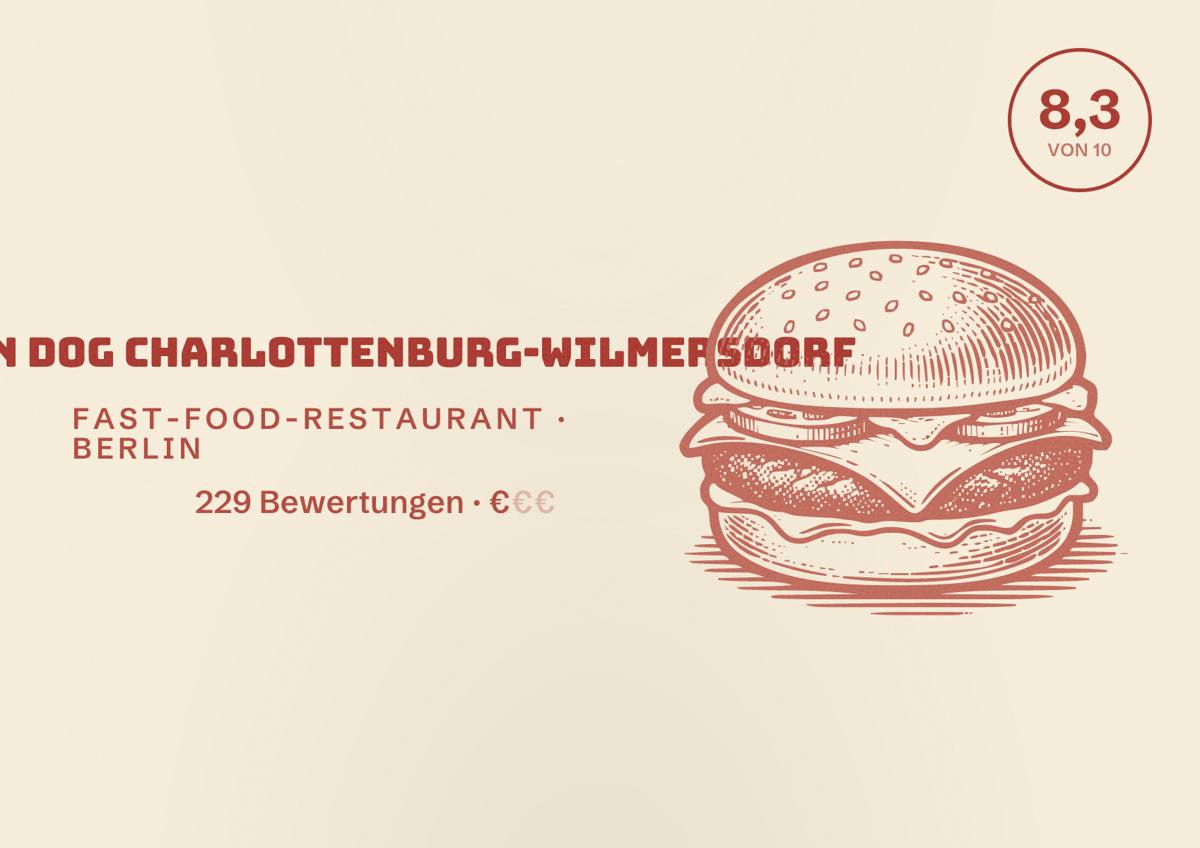 Illustriertes Poster von Damn Dog Charlottenburg-Wilmersdorf, Fast-Food-Restaurant in Berlin: Bewertung 8,3 von 10 aus 229 Bewertungen, Preisniveau €