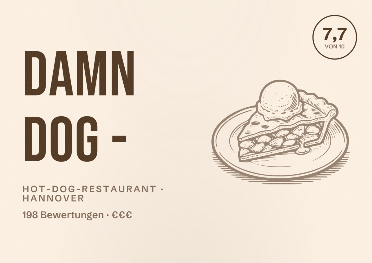 Illustriertes Poster von Damn Dog -, Hot-Dog-Restaurant in Hannover: Bewertung 7,7 von 10 aus 198 Bewertungen, Preisniveau €€€