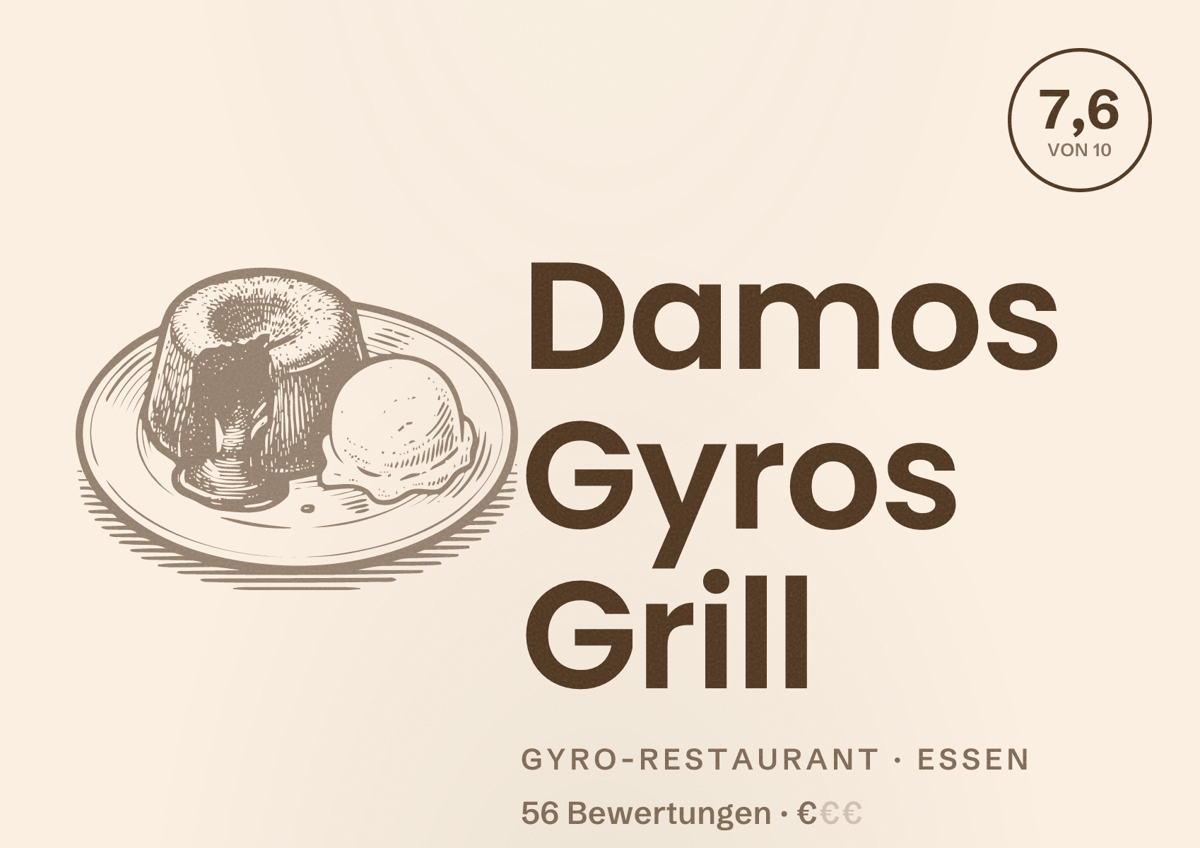 Illustriertes Poster von Damos Gyros Grill, Gyro-Restaurant in Essen: Bewertung 7,6 von 10 aus 56 Bewertungen, Preisniveau €