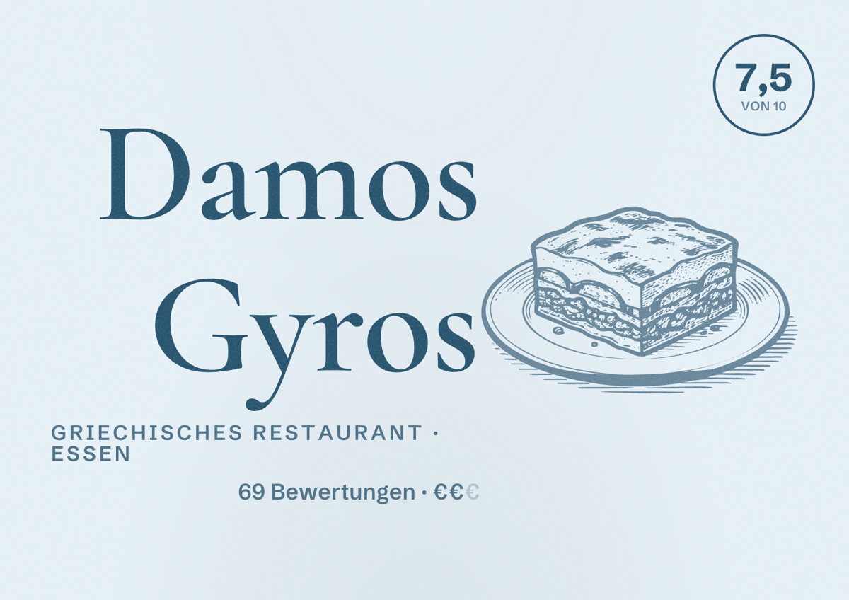 Illustriertes Poster von Damos Gyros, Griechisches Restaurant in Essen: Bewertung 7,5 von 10 aus 69 Bewertungen, Preisniveau €€