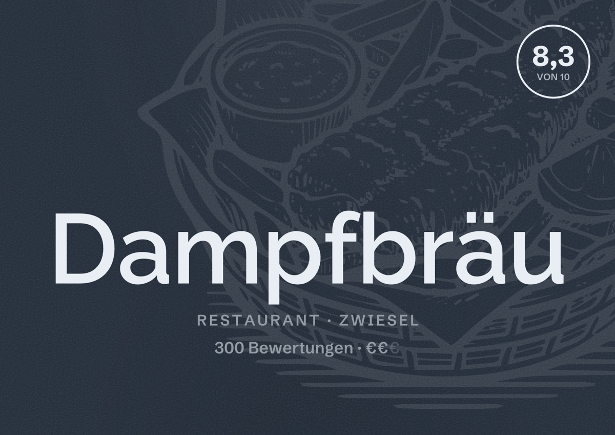 Illustriertes Poster von Dampfbräu, Restaurant in Zwiesel: Bewertung 8,3 von 10 aus 300 Bewertungen, Preisniveau €€
