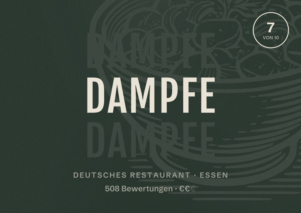 Illustriertes Poster von Dampfe, Deutsches Restaurant in Essen: Gästebewertung 7 von 10 aus 508 Bewertungen