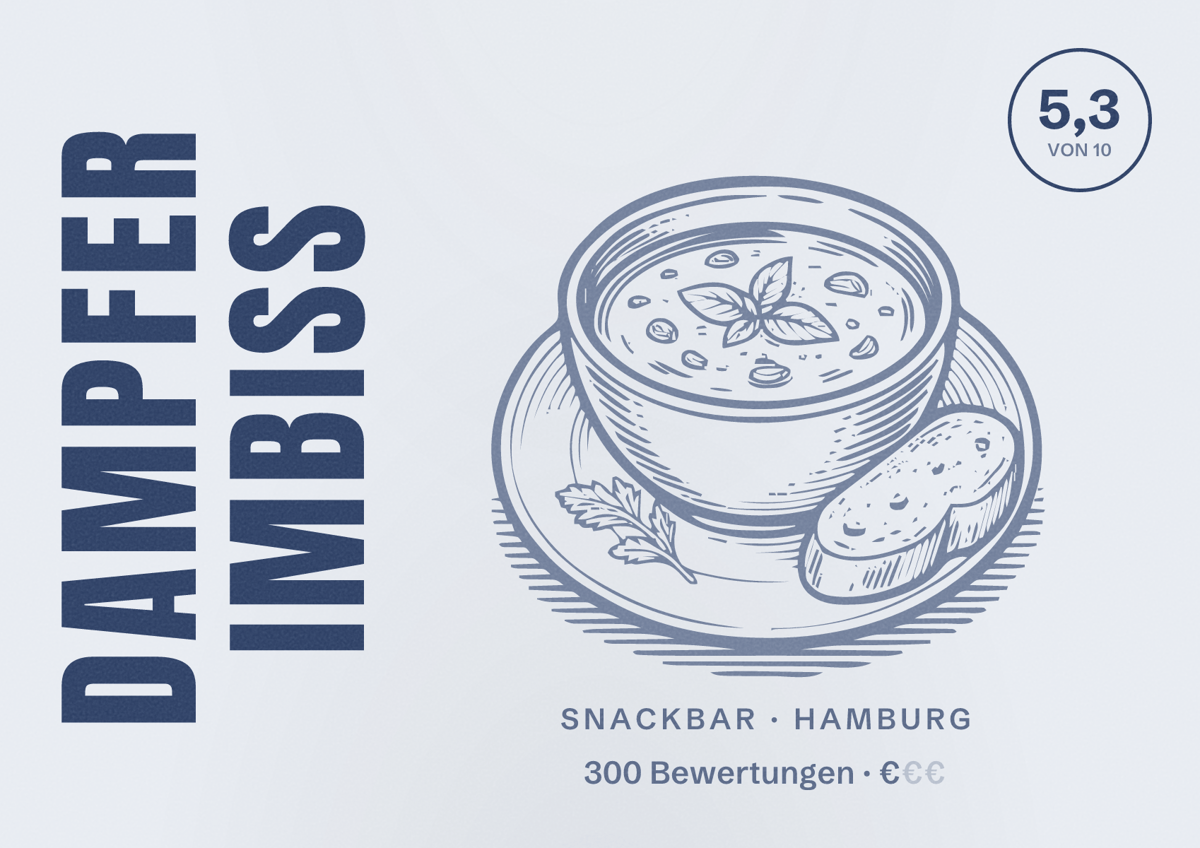 Illustriertes Poster von Dampfer Imbiss, Snackbar in Hamburg: Bewertung 5,3 von 10 aus 300 Bewertungen, Preisniveau €