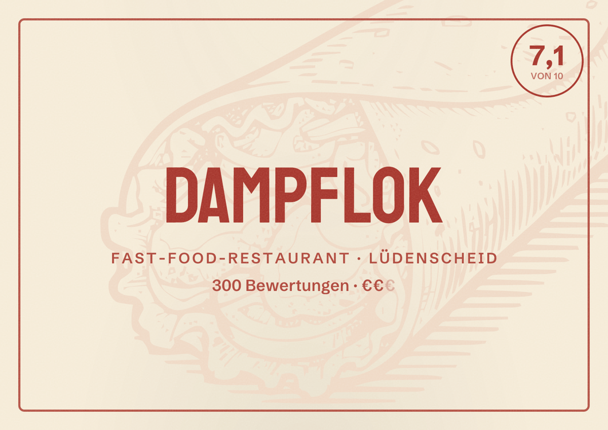 Illustriertes Poster von Dampflok, Fast-Food-Restaurant in Lüdenscheid: Bewertung 7,1 von 10 aus 300 Bewertungen, Preisniveau €€