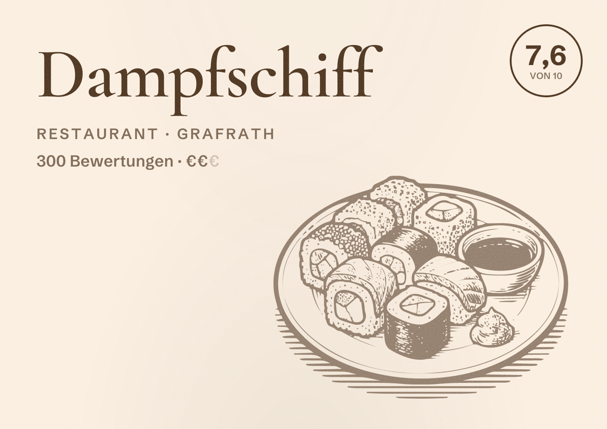Illustriertes Poster von Dampfschiff, Restaurant in Grafrath: Bewertung 7,6 von 10 aus 300 Bewertungen, Preisniveau €€