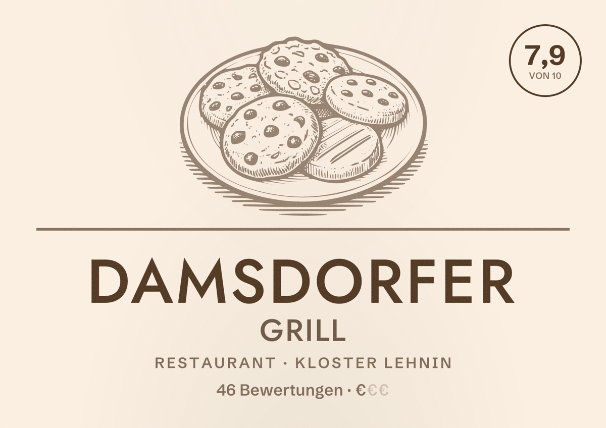 Illustriertes Poster von Damsdorfer Grill, Restaurant in Kloster Lehnin: Bewertung 7,9 von 10 aus 46 Bewertungen, Preisniveau €