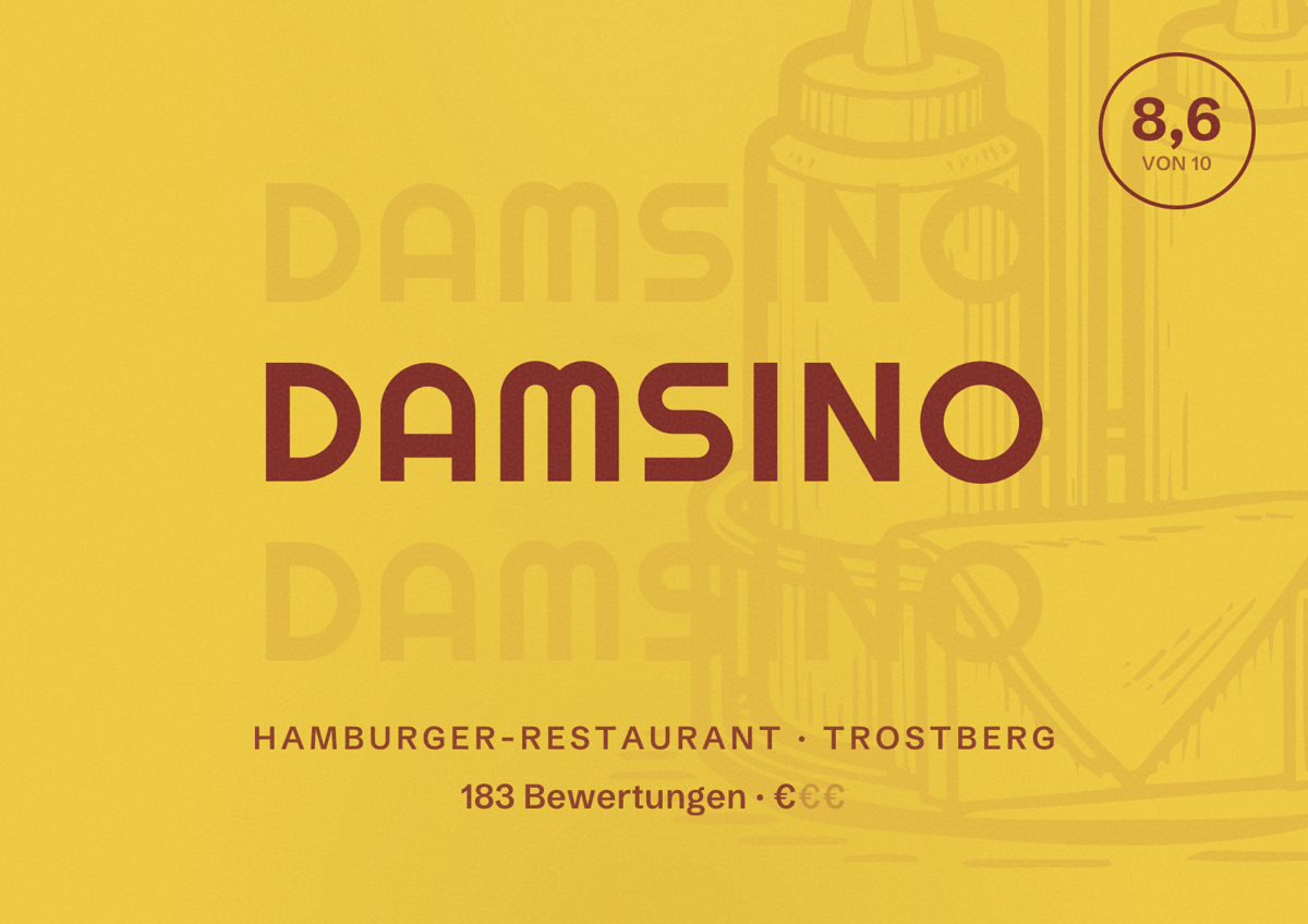 Illustriertes Poster von Damsino, Hamburger-Restaurant in Trostberg: Bewertung 8,6 von 10 aus 183 Bewertungen, Preisniveau €