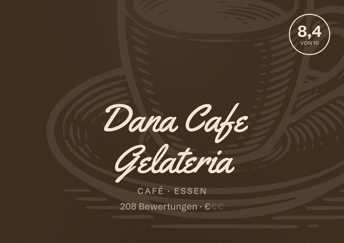 Illustriertes Poster von Dana Cafe Gelateria, Café in Essen: Bewertung 8,4 von 10 aus 208 Bewertungen, Preisniveau €