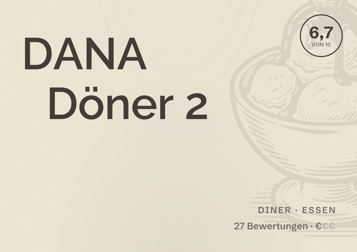 Illustriertes Poster von DANA Döner 2, Diner in Essen: Bewertung 6,7 von 10 aus 27 Bewertungen, Preisniveau €