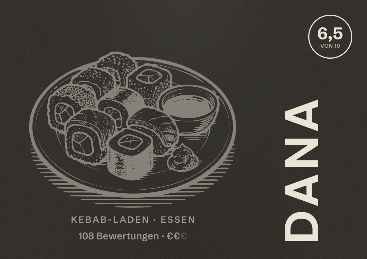 Illustriertes Poster von DANA, Kebab-Laden in Essen: Bewertung 6,5 von 10 aus 108 Bewertungen, Preisniveau €€