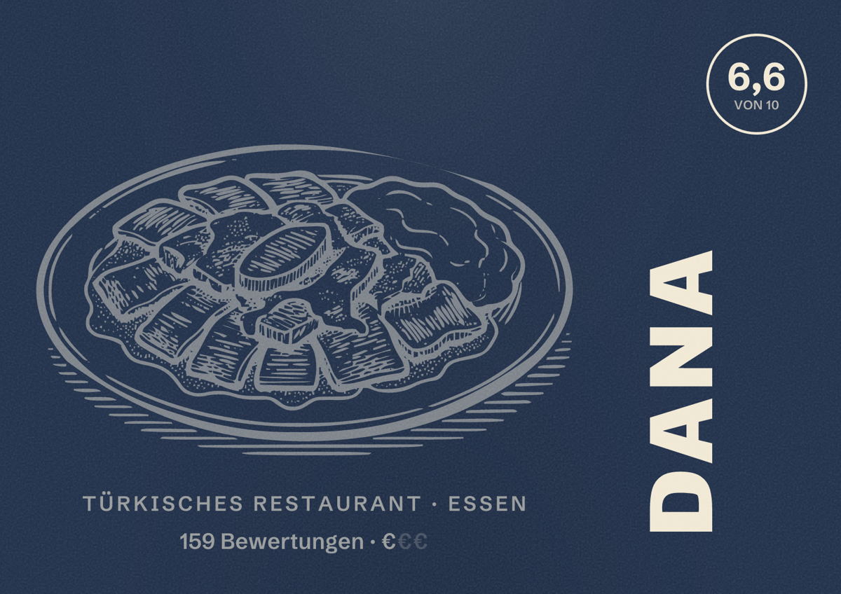 Illustriertes Poster von DANA, Türkisches Restaurant in Essen: Bewertung 6,6 von 10 aus 159 Bewertungen, Preisniveau €