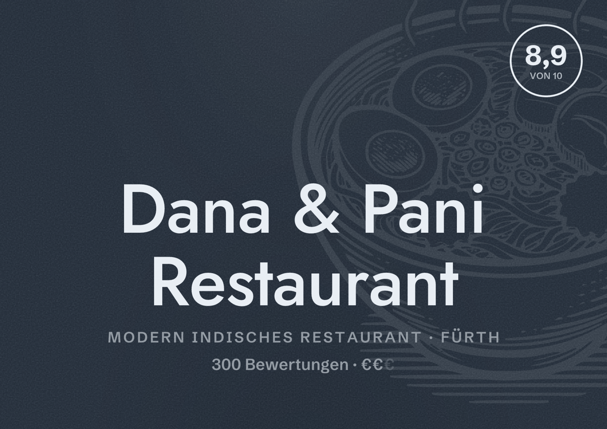 Illustriertes Poster von Dana & Pani Restaurant, Modern indisches Restaurant in Fürth: Bewertung 8,9 von 10 aus 300 Bewertungen, Preisniveau €€