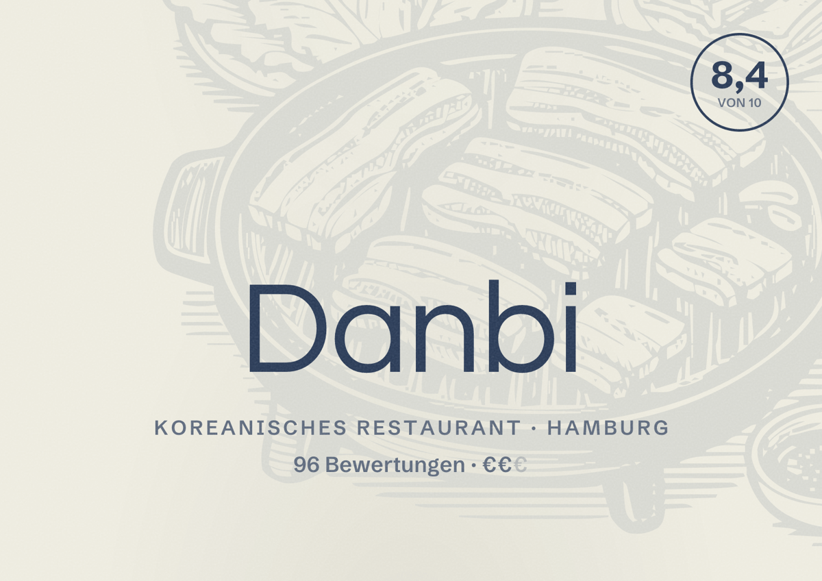 Illustriertes Poster von Danbi, Koreanisches Restaurant in Hamburg: Bewertung 8,4 von 10 aus 96 Bewertungen, Preisniveau €€
