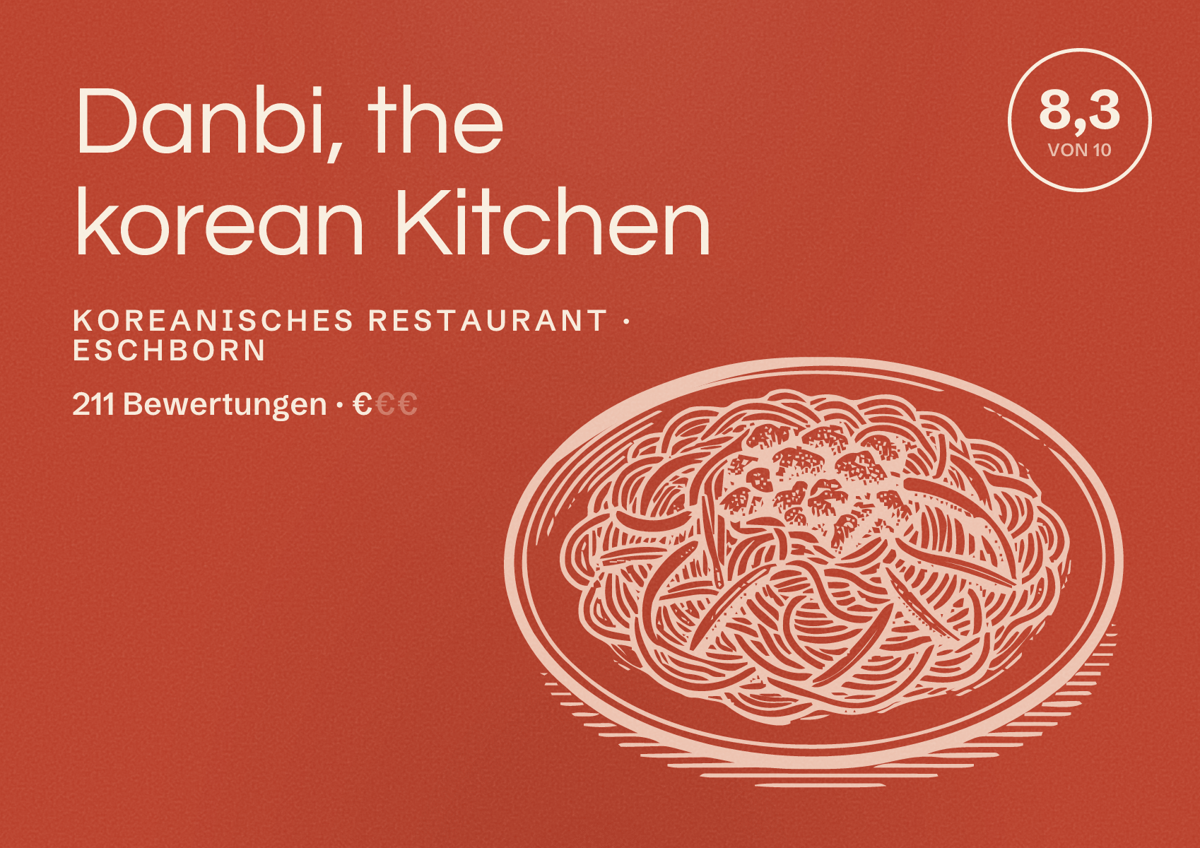 Illustriertes Poster von Danbi, the korean Kitchen, Koreanisches Restaurant in Eschborn: Bewertung 8,3 von 10 aus 211 Bewertungen, Preisniveau €