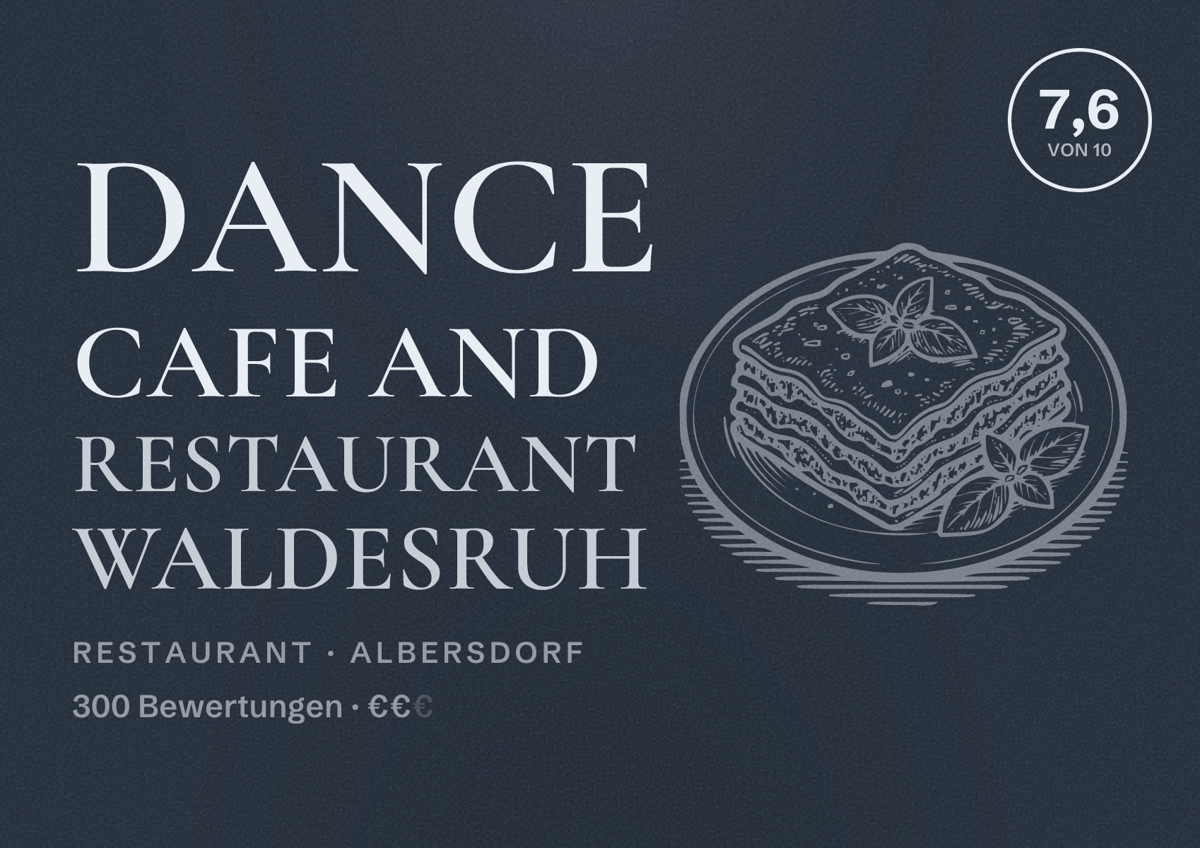 Illustriertes Poster von Dance Cafe and Restaurant Waldesruh, Restaurant in Albersdorf: Bewertung 7,6 von 10 aus 300 Bewertungen, Preisniveau €€