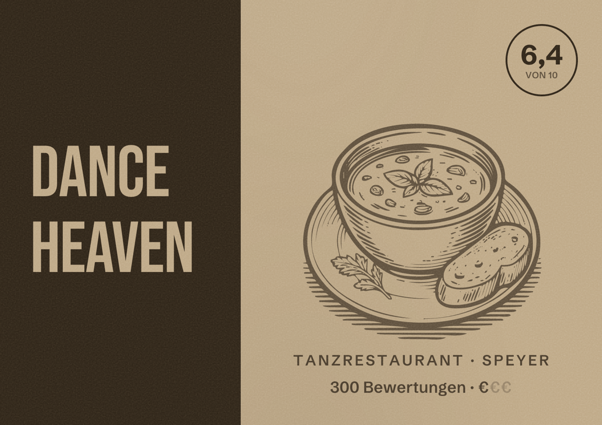 Illustriertes Poster von Dance Heaven, Tanzrestaurant in Speyer: Bewertung 6,4 von 10 aus 300 Bewertungen, Preisniveau €