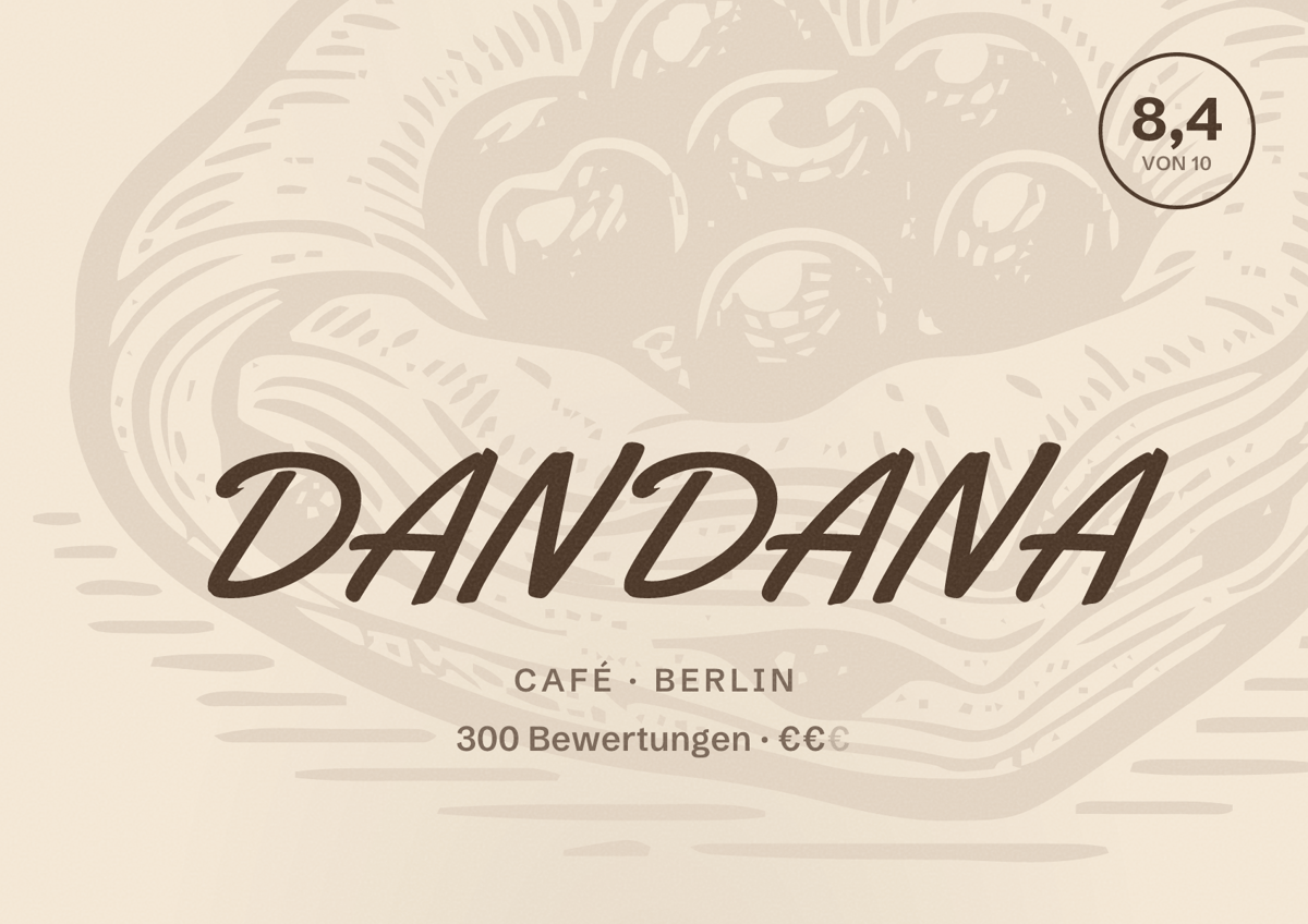 Illustriertes Poster von DANDANA, Café in Berlin: Bewertung 8,4 von 10 aus 300 Bewertungen, Preisniveau €€
