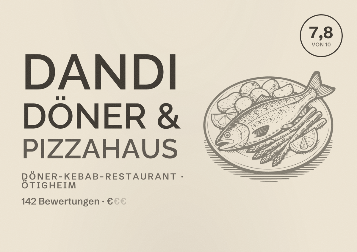 Illustriertes Poster von Dandi Döner & Pizzahaus, Döner-Kebab-Restaurant in Ötigheim: Bewertung 7,8 von 10 aus 142 Bewertungen, Preisniveau €