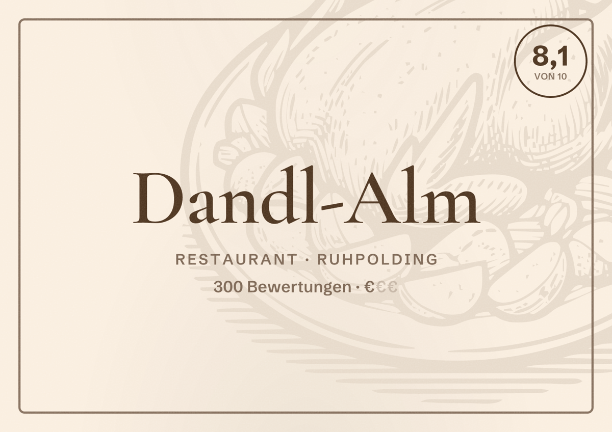 Illustriertes Poster von Dandl-Alm, Restaurant in Ruhpolding: Bewertung 8,1 von 10 aus 300 Bewertungen, Preisniveau €