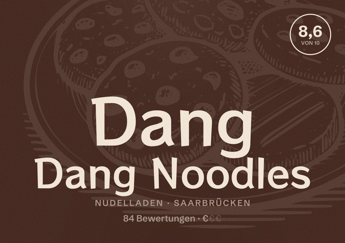 Illustriertes Poster von Dang Dang Noodles, Nudelladen in Saarbrücken: Bewertung 8,6 von 10 aus 84 Bewertungen, Preisniveau €