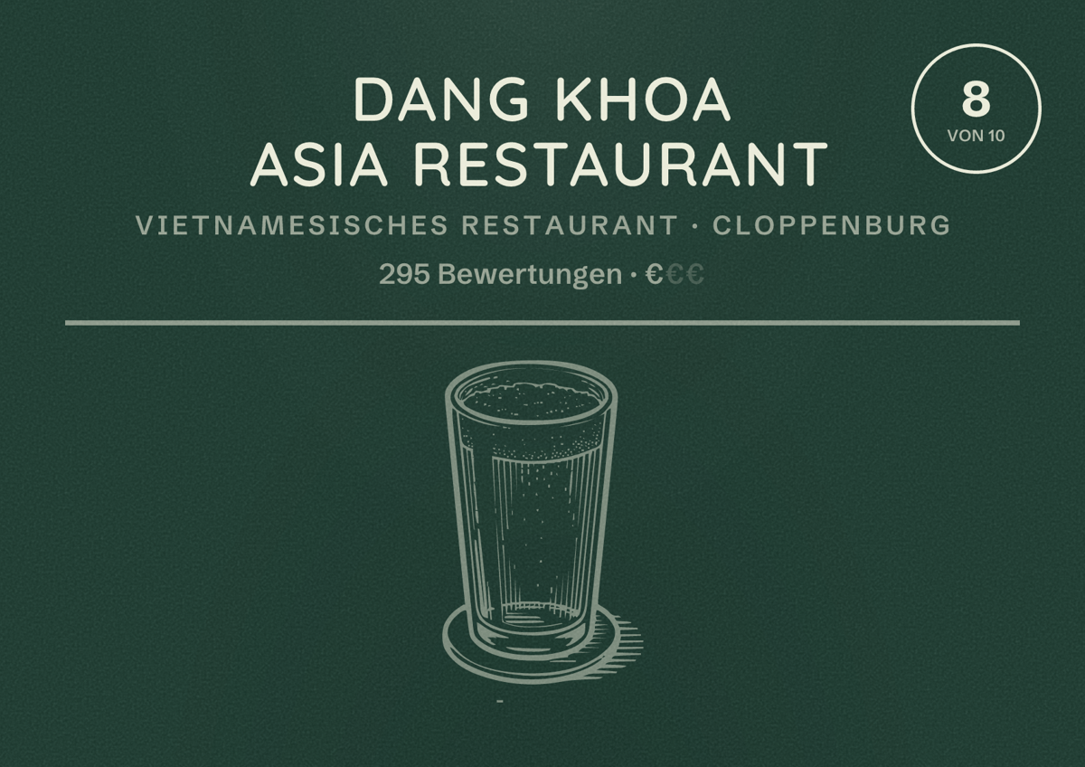 Illustriertes Poster von Dang Khoa Asia Restaurant, Vietnamesisches Restaurant in Cloppenburg: Bewertung 8 von 10 aus 295 Bewertungen, Preisniveau €