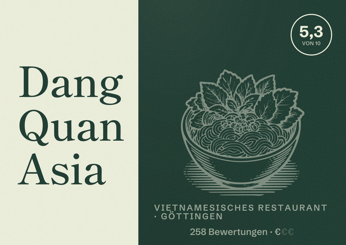 Illustriertes Poster von Dang Quan Asia, Vietnamesisches Restaurant in Göttingen: Bewertung 5,3 von 10 aus 258 Bewertungen, Preisniveau €