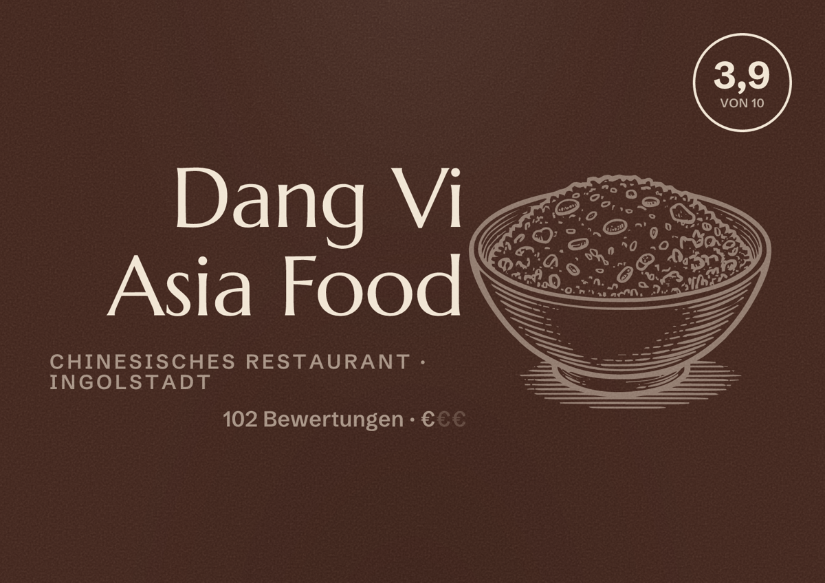 Illustriertes Poster von Dang Vi Asia Food, Chinesisches Restaurant in Ingolstadt: Bewertung 3,9 von 10 aus 102 Bewertungen, Preisniveau €