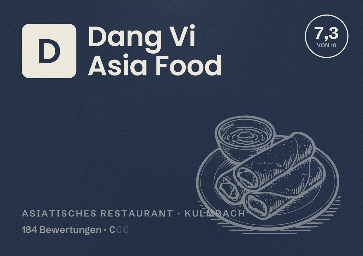 Illustriertes Poster von Dang Vi Asia Food, Asiatisches Restaurant in Kulmbach: Bewertung 7,3 von 10 aus 184 Bewertungen, Preisniveau €